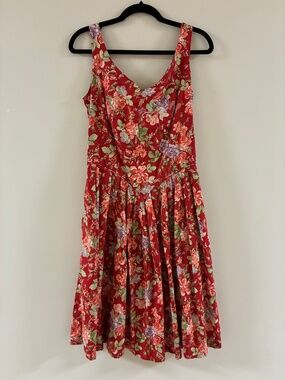 Vintage Laura Ashley Red Vintage Floral Corset Lace-Up Back Midi Dress Size 10